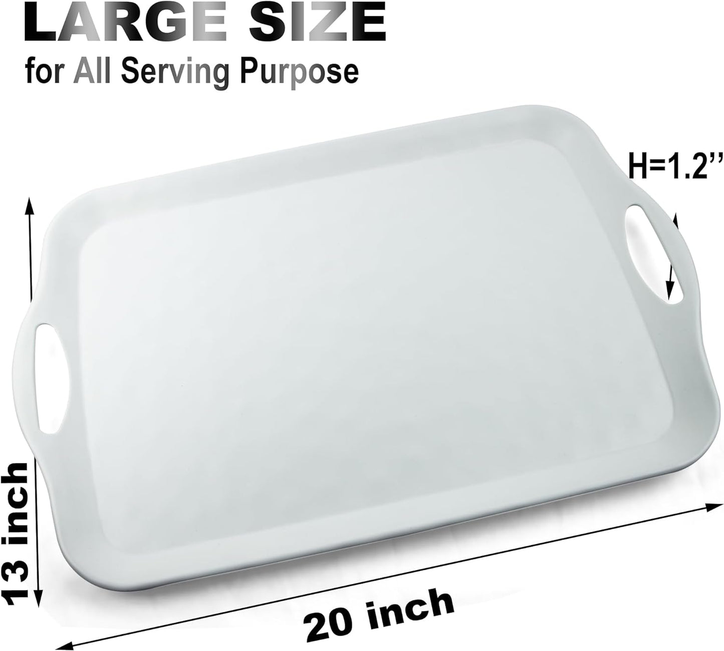 Extra Large Serving Tray with Handles, 20x13 inch, Set of 2 Melamine Platters for Serving Food, Turkey, Cookie, Rectangular Trays for Eating, Raised Dots Matt Finished, Dishwasher Safe, White