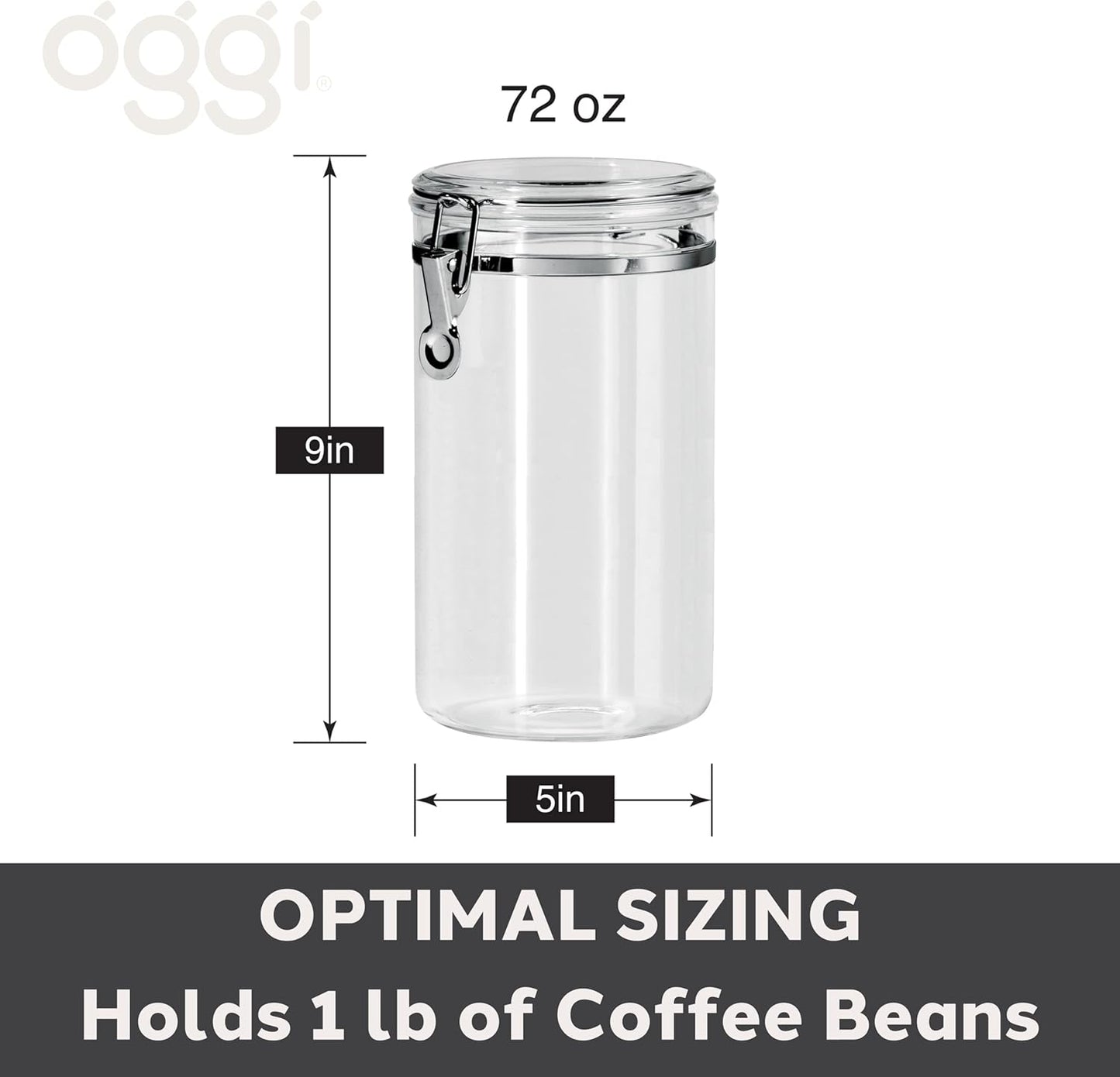 Oggi Large Clear Canister with Clamp Lid, 72 oz - Large Airtight Food Storage Container, for Kitchen & Pantry Storage of Bulk, Dry Foods, Pasta, Flour, Sugar, Coffee, Rice, Tea, Spices & Herbs