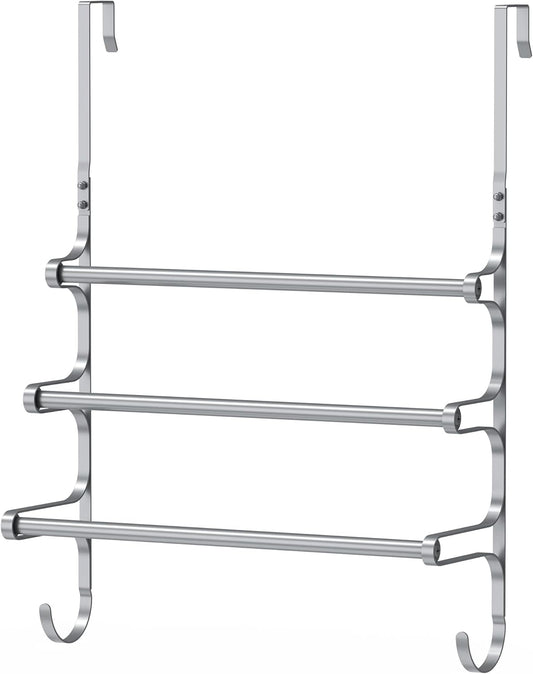 Over The Door Towel Rack, Over Door Towel Rack for Bathroom Door, Triple Towel Storage Holder with Hooks (Silver Gray, 17.32" L)