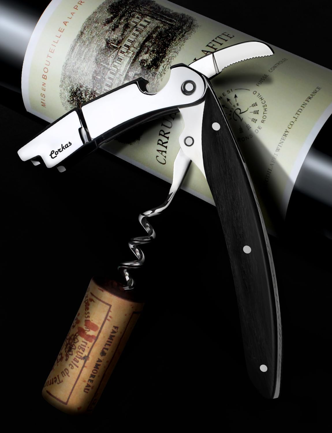 Wine Key - CORKAS Prestige Waiter Corkscrew with Ebony Handle, Handcrafted Wine Opener Manual with Double Hinged, Foil Cutter and Bottle Opener, Ideal Gifts for Sommelier, Bartenders, Servers