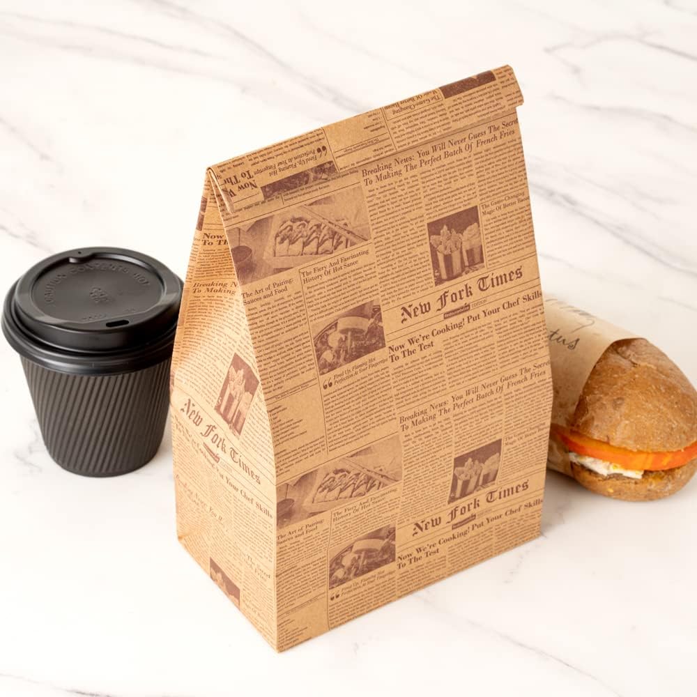 Restaurantware Bag Tek 6 Lb Disposable Lunch Bags 100 Sturdy Take Out Bags - Flat Bottom Microwavable Kraft Newsprint Design Paper Bags Freezable Great For Restaurants Cafes And Bakeries