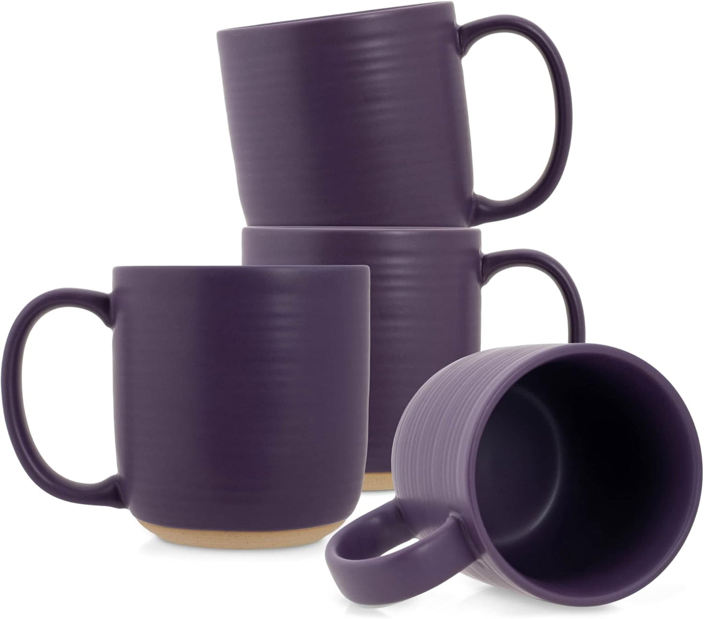 Elanze Designs Ribbed Ceramic Stoneware 16 ounce Raw Clay Bottom Coffee Mugs Set of 4, Purple