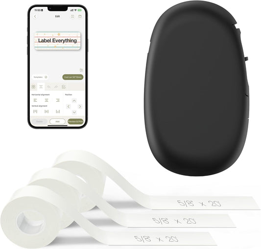 SUPVAN E10 Bluetooth Label Maker Machine with 3 Tapes, Continuous Waterproof Label, Versatile App with 35 Fonts and 1k+ Icons, Inkless Labeler for Home, Kitchen, School, Office Organization, Black