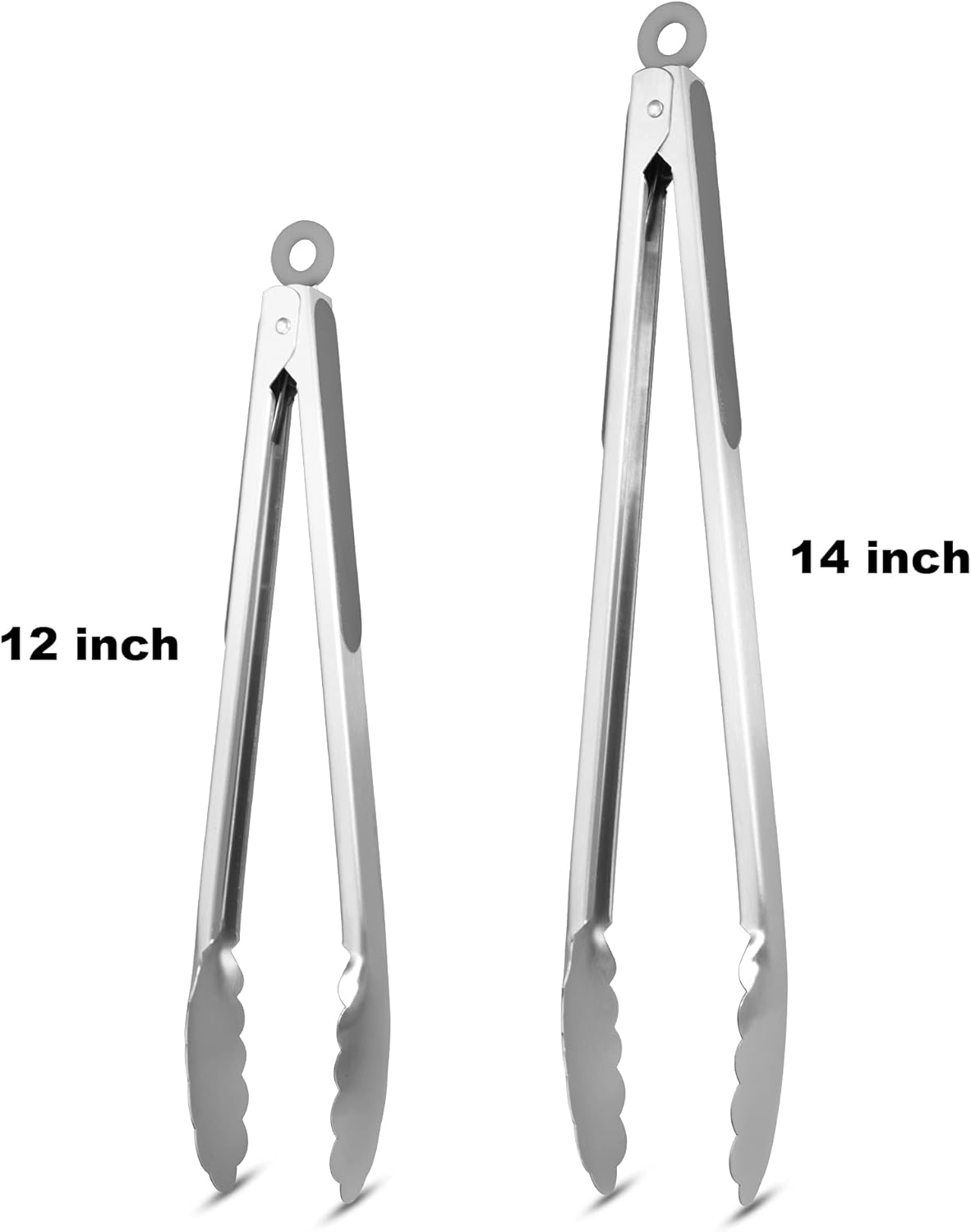 304 Stainless Steel Kitchen Cooking Tongs, 12" and 14" Set of 2 Sturdy Grilling Barbeque Brushed Locking Food Tongs with Ergonomic Grip, Grey