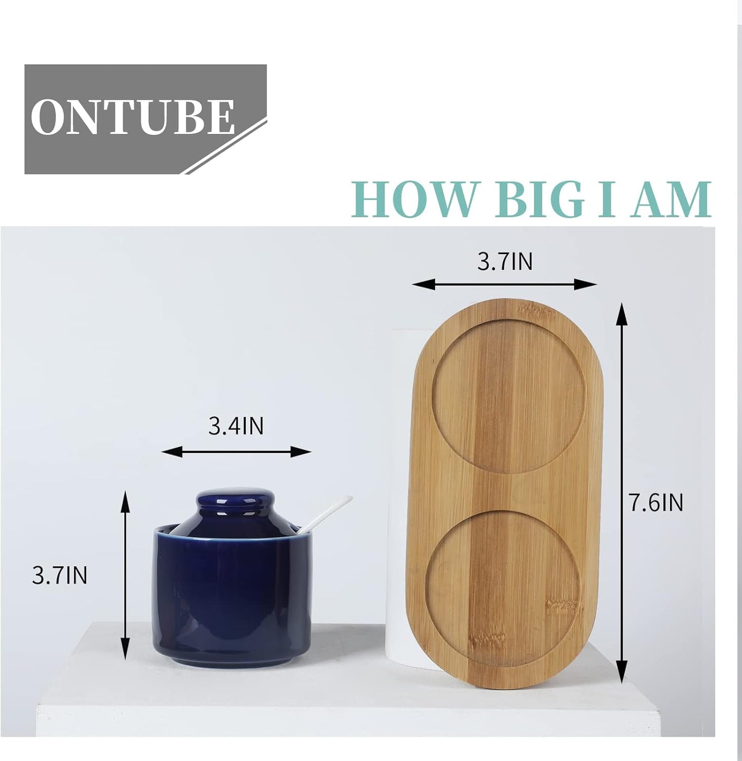 ONTUBE Ceramic Sugar Bowl with Lid and Spoon Set of 2,Porcelain Seasoning Box Salt Bowl with Tray,8oz (Navy)