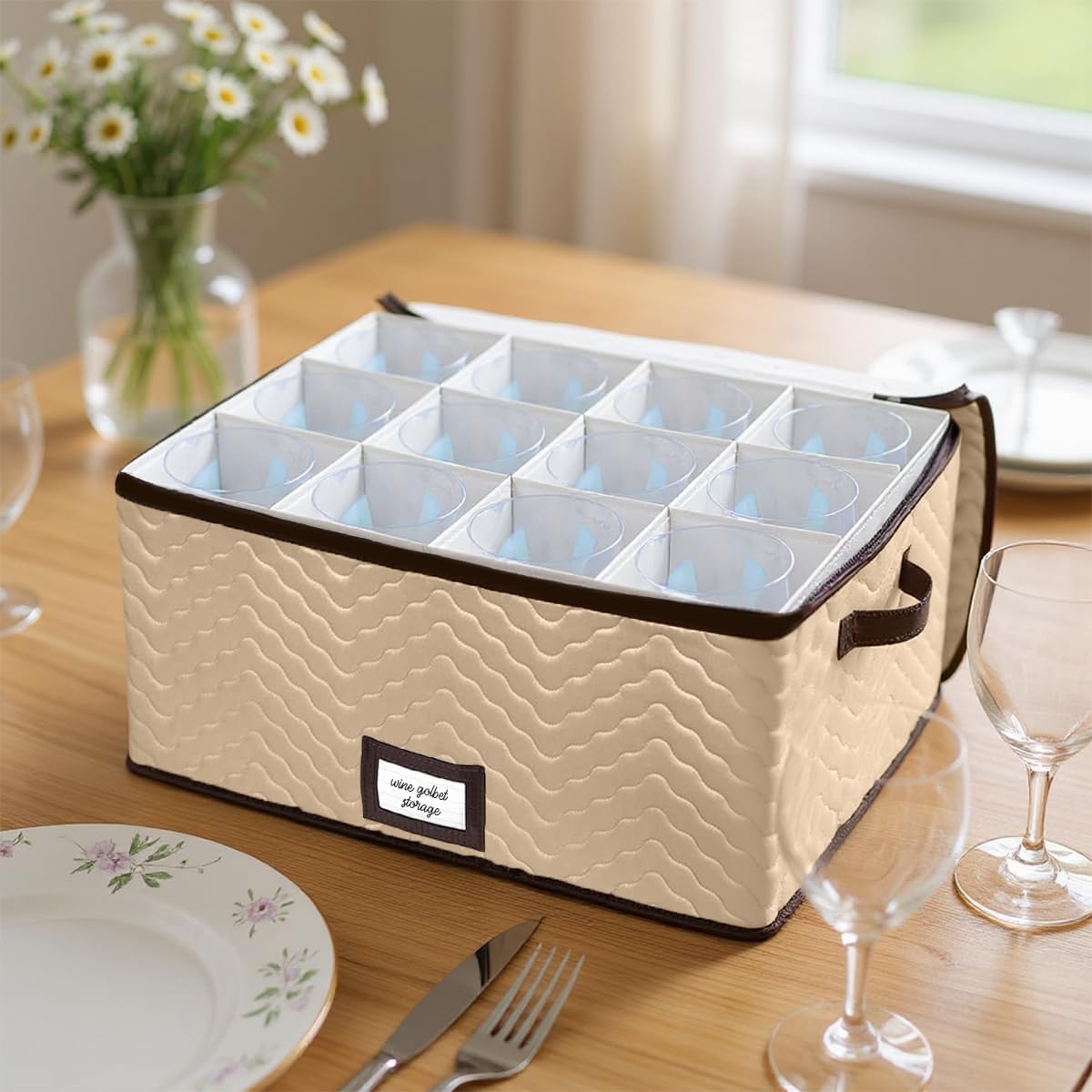 Wine Glass Storage Boxes with Dividers - Each Holds 12 Glasses up to 4.25" Wide - Quilted Microfiber Case with Handles - Protects Stemware & Fine China - Ideal for Red Wine