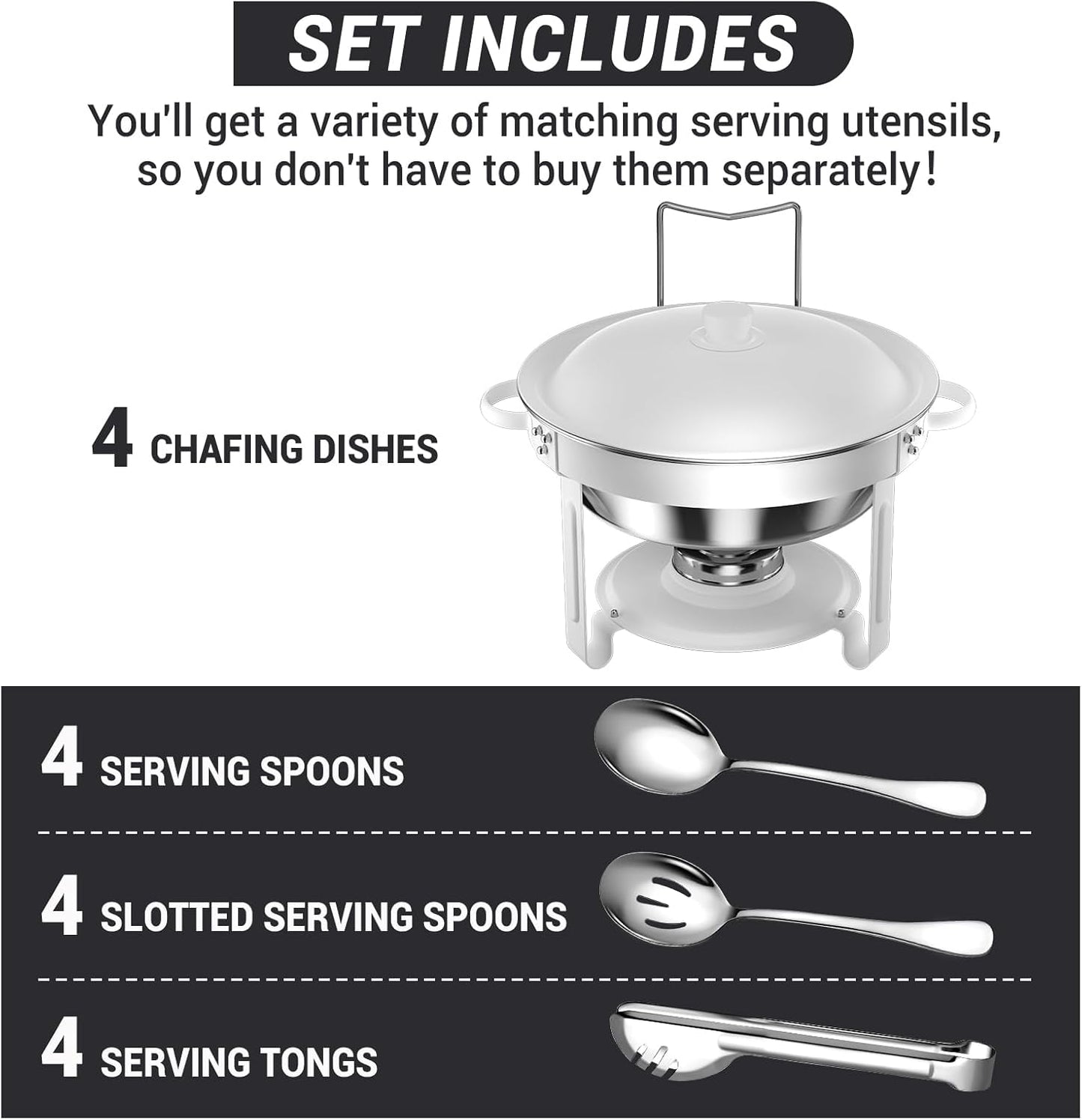 Round Chafing Dishes for Buffet 5 Qt,High Grade Chafing Dish Buffet Set, Full Size Pan,Rolled-Edge Design Food Warmers for Parties,Buffet,Wedding,Birthday,Camping 4 PACK (White)