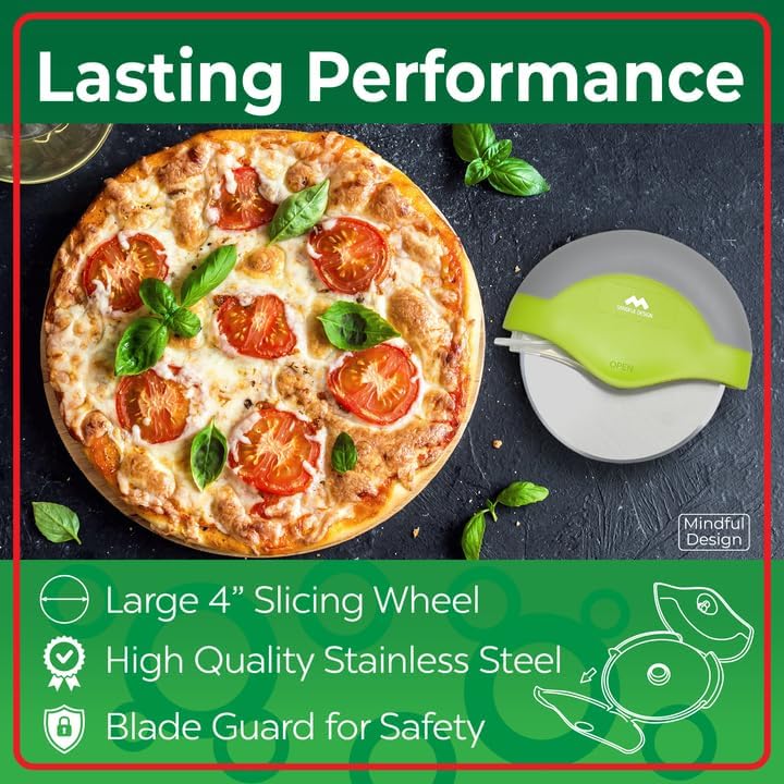 Mindful Design Pizza Cutter Wheel with Protective Blade Cover, Easy to Clean and Dishwasher Safe Ergonomic Pizza Slicer (Green)