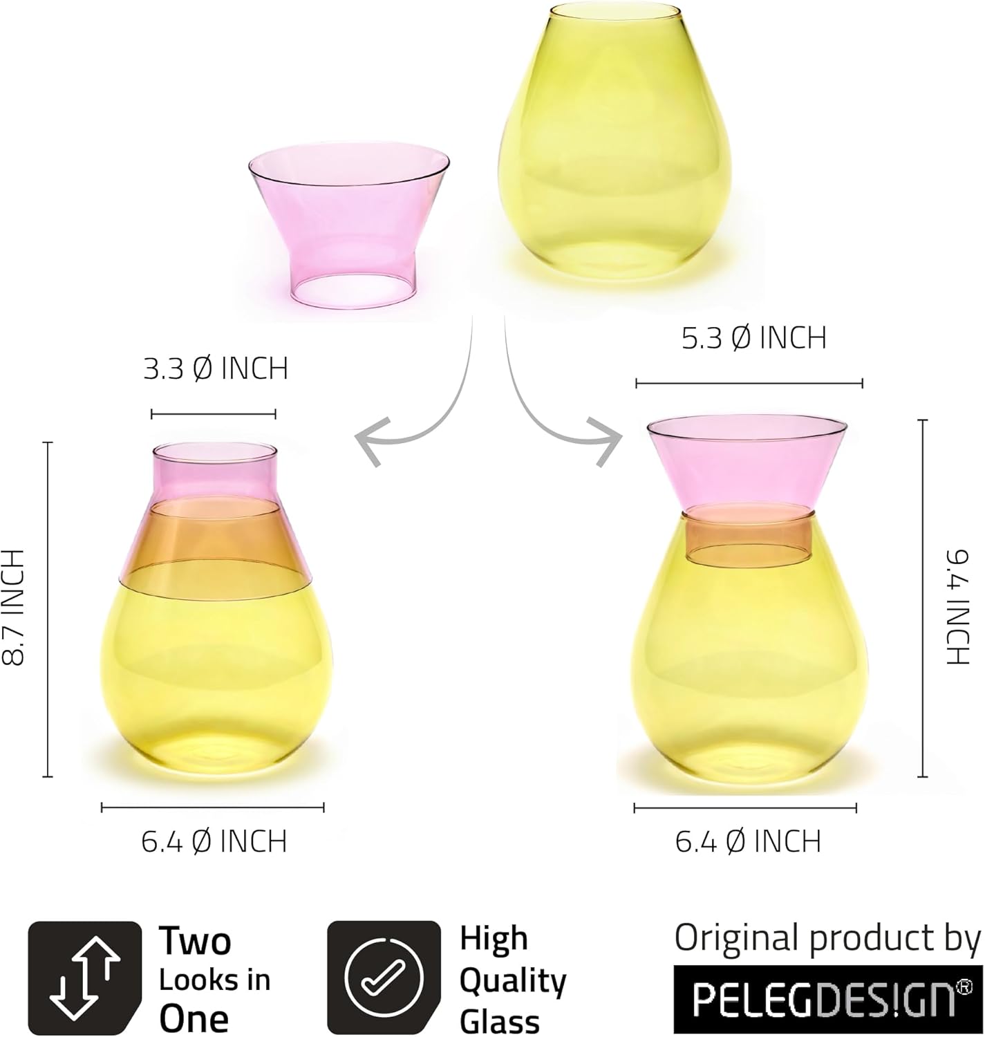 Peleg Design Twotone Home Décor in 3 Colors - Round Glass Vase for Flower Bouquets - Decorative Vase with Flippable Top - Glass Vases for Centerpieces