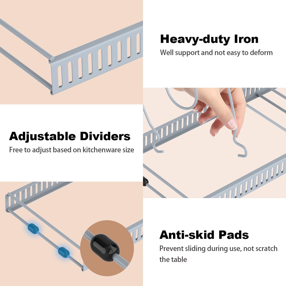 Housolution Pot and Pan Organizer Rack for Cabinet, Upgraded Expandable Pot Lid Organizer with 14 Adjustable Dividers, Pan Holder Storage Rack for Kitchen Cabinet, Grey