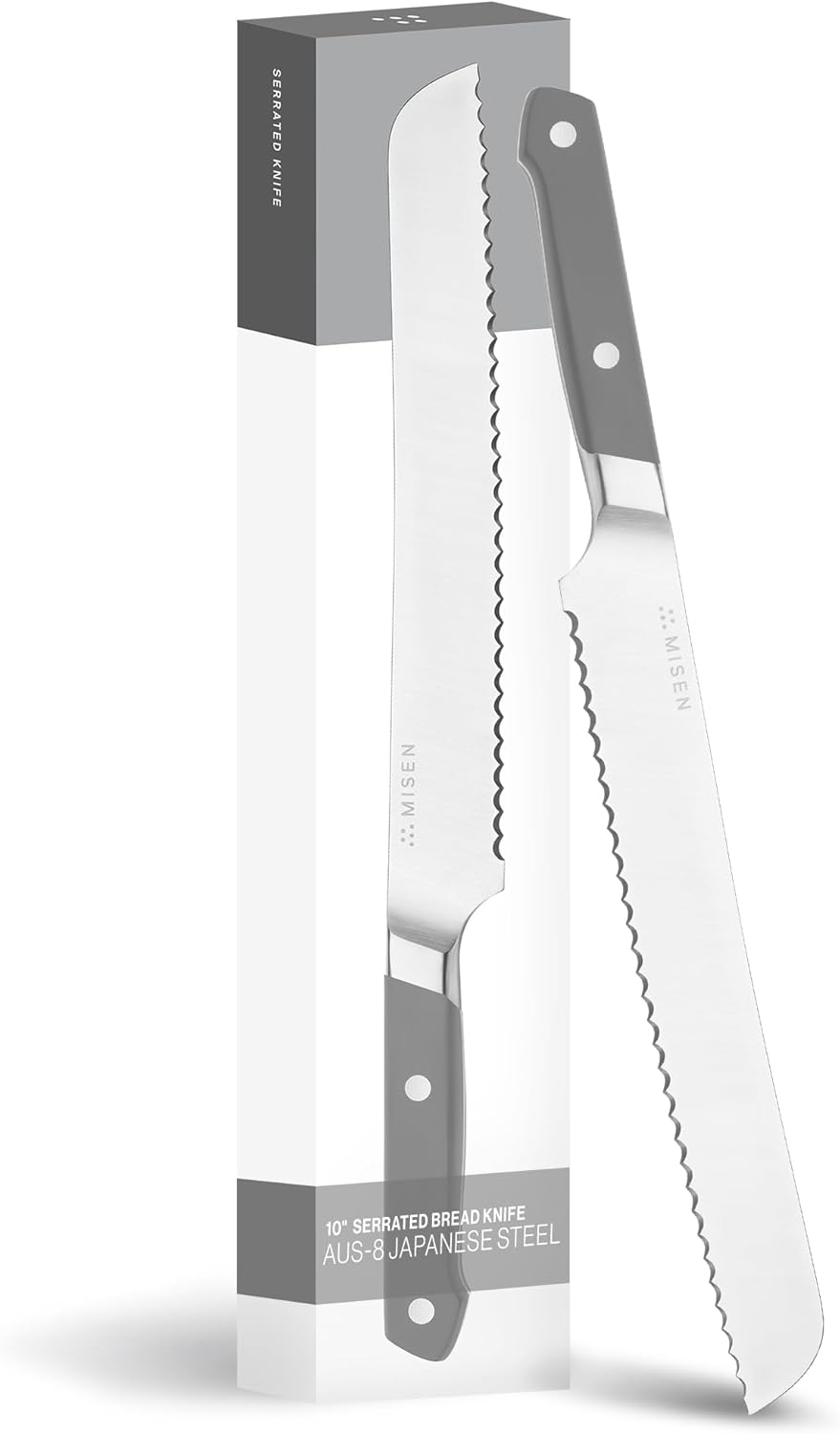 Misen Serrated Bread Knife – High-Carbon Japanese AUS8 Steel – Effortless Slicing of Bread, Pastries, and Fruits – Razor-Sharp Edge and Durable Blade with Ergonomic Handle - 10", Gray