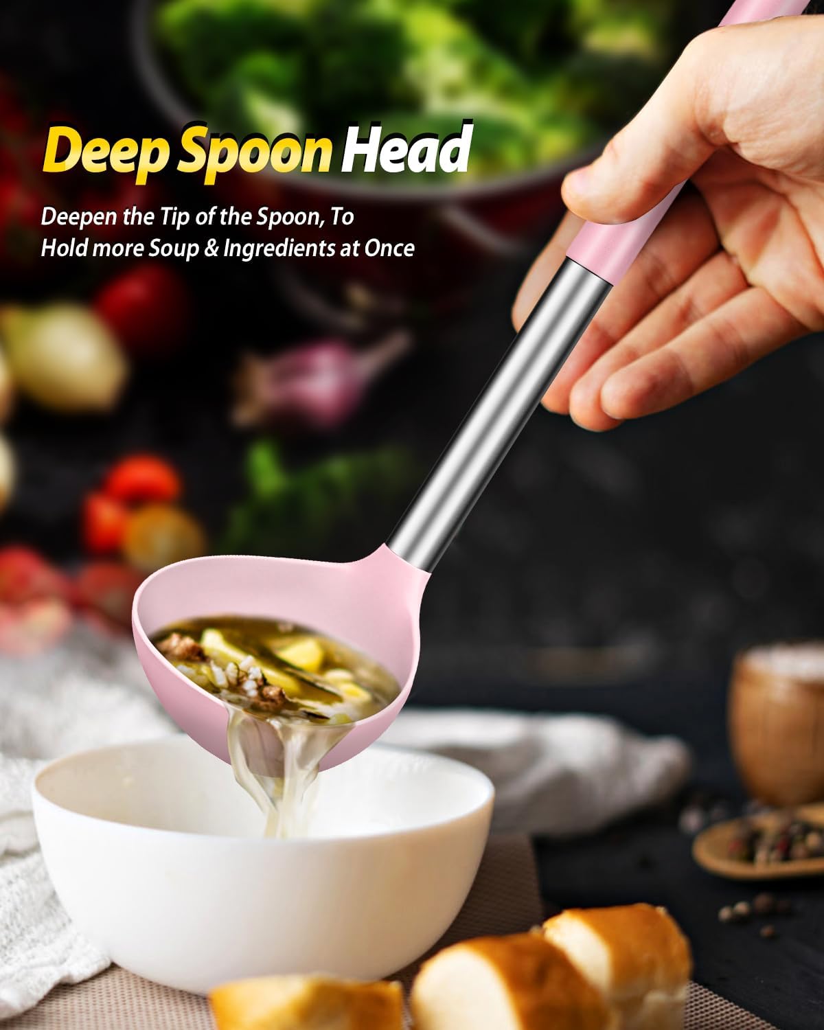 Silicone Pasta Fork and Ladle Spoon Set, Large Non Stick Kitchen Utensils for Cooking,Stirring,Serving Spaghetti, Soup, Sauce (PINK)