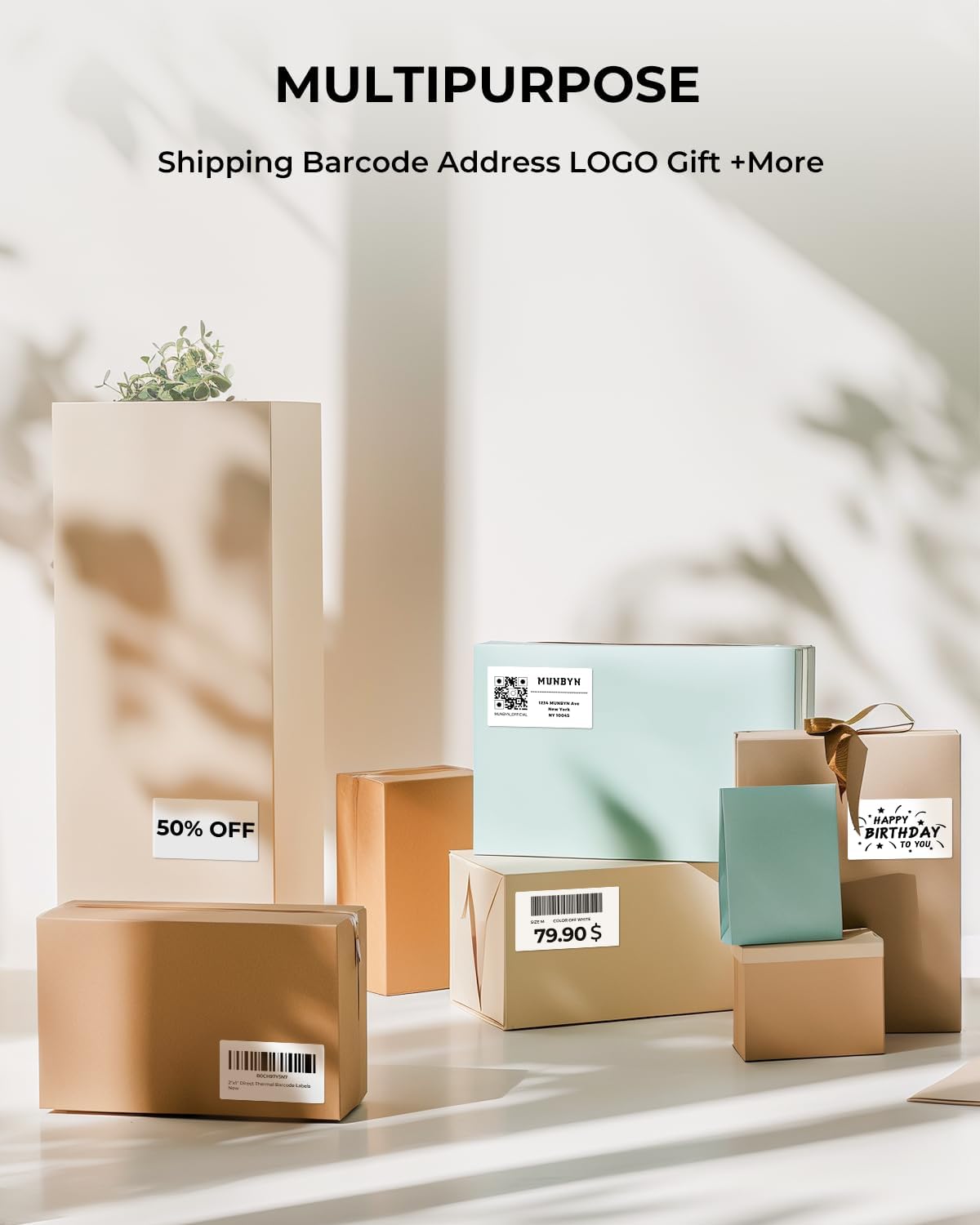 MUNBYN 2x1In Thermal Sticker Labels, Address Barcode Self-Adhesive Label Paper for Direct Thermal Printer and Business, Multi-Purpose Shipping Mailing Name Rectangle White Stickers,1000 Sheets/Roll