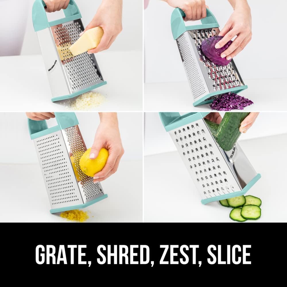 GORILLA GRIP 4-Sided 100% BPA-Free Cheese Grater With Container, Stainless Steel XL Box Graters, Parmesan Shredder, Grate Cheeses, Shred Veggies, Slip Resistant Handle, Dishwasher Safe Zester, Mint