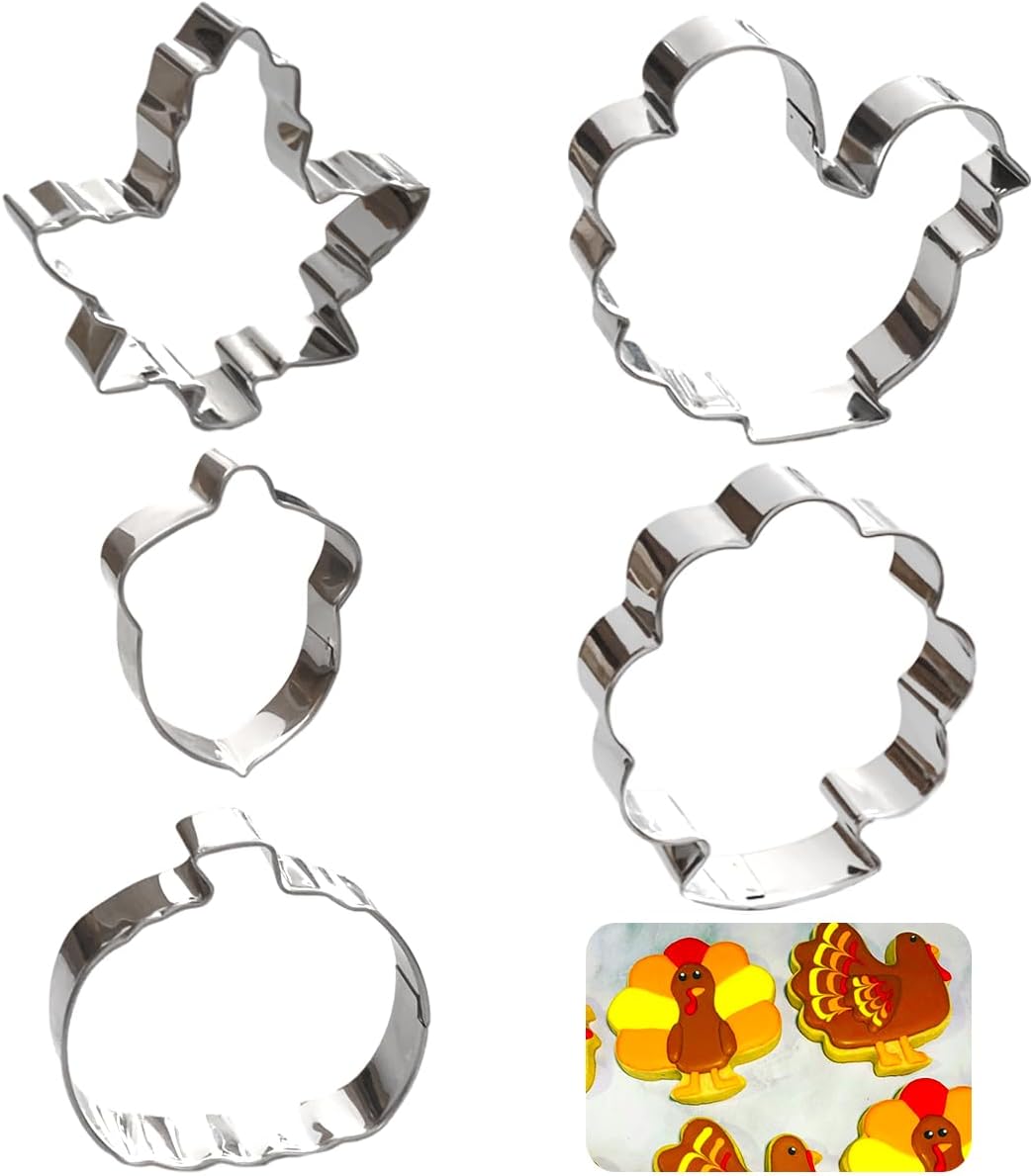 Thanksgiving Cookie Cutters Set 5PCS, Food-grade Stainless Steel Turkey Pumpkin Pine Cones Maple Leaf Fall Cookie Cutters Shapes, Sturdy Metal Biscuit Cutters for Home Holiday Family Baking