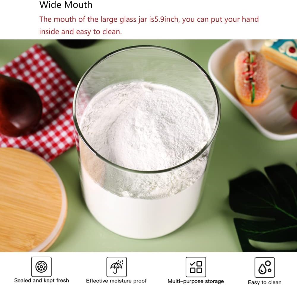 Set of 2 Glass Flour Container with Airtight Bamboo Lid, Large Food Jar with Wooden Lid for Storage Flour, Sugar, Cookies, Rice, Coffee Beans(3L)