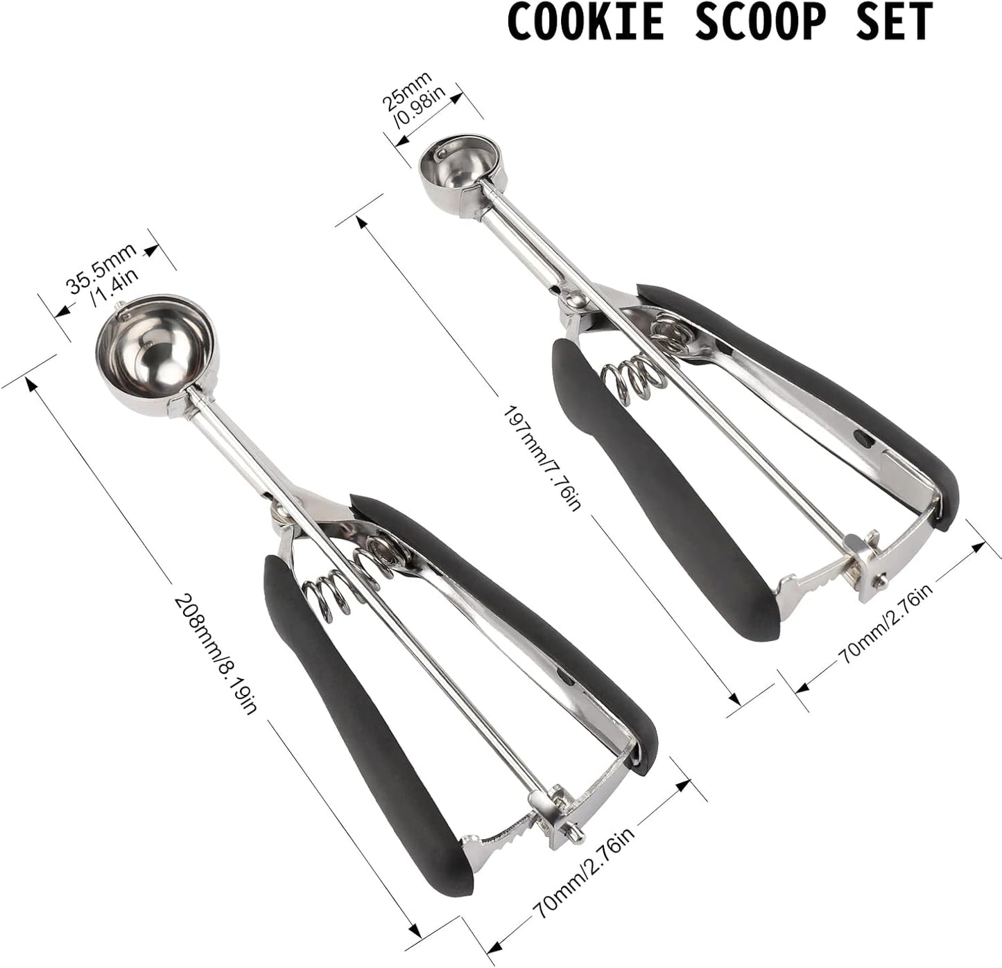 Small Cookie Scoop Set - 2 PCS Include 1 tsp / 1Tbsp Cookie Dough Scoops, Cookies Scoops for Baking, Made of 18/8 Stainless Steel, Good Soft Grips, Quick Trigger Release