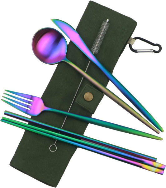 Gugrida Reusable Travel Utensils, 7 Piece Portable 304 Stainless Steel including Knife Fork Spoon Chopsticks Cleaning Brush Straws Portable Pouch, Eco-friendly Camping Silverware Set, Dishwasher Safe