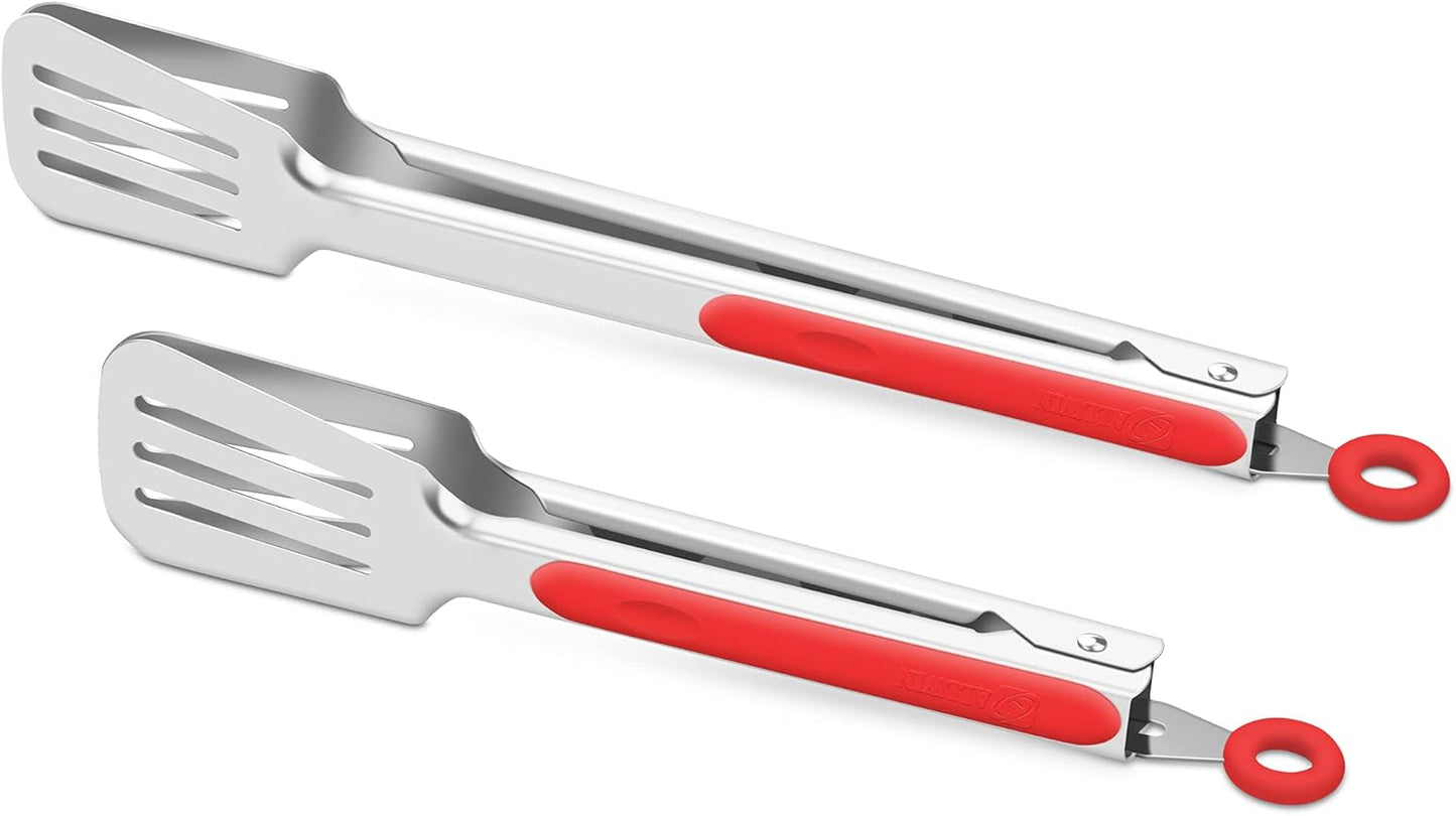 Premium 304 Stainless Steel Barbecue Turners, Heavy Duty Non-Stick BBQ Cooking Kitchen Tongs, 9" and 12" Red