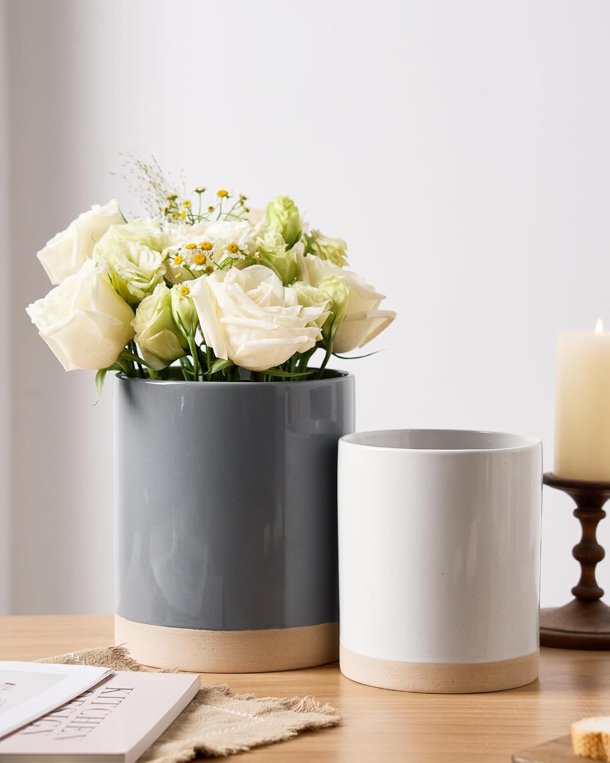 famiware Milkyway Kitchen Utensil Holder for Countertop, Ceramic Cooking Utensil Crocks for Kitchen Counter, Utensil Organizer for Spatula & Spoon, Set of 2, Dark Gray and White