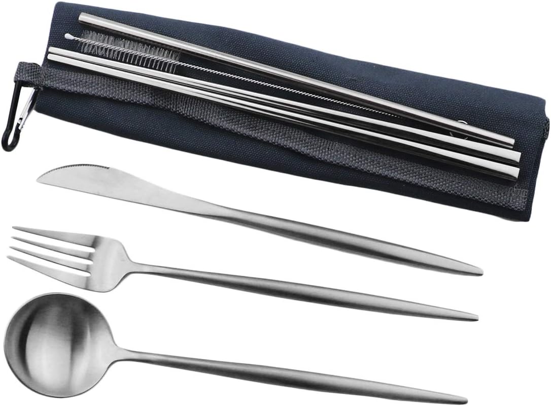 Gugrida Reusable Travel Utensils, 7 Pieces Portable 18/10 Stainless Steel include Knife Fork Spoon Chopsticks Cleaning Brush Straws Portable Pouch, Eco-friendly Camping Silverware Set, Dishwasher Safe