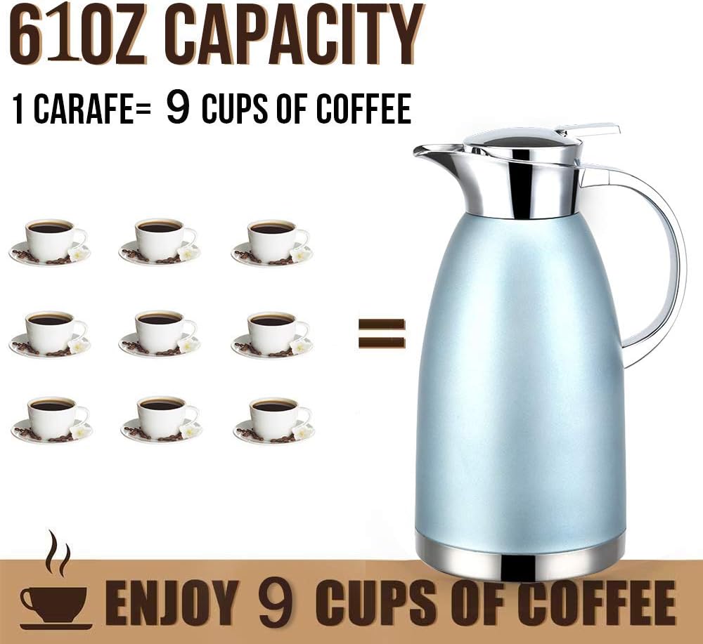 61oz Coffee Carafe Airpot Insulated Coffee Urn Stainless Steel Vacuum Thermal Pot Flask for Coffee, Hot Water, Tea, Hot Beverage - Keep 12 Hours Hot, 24 Hours Cold (Blue)