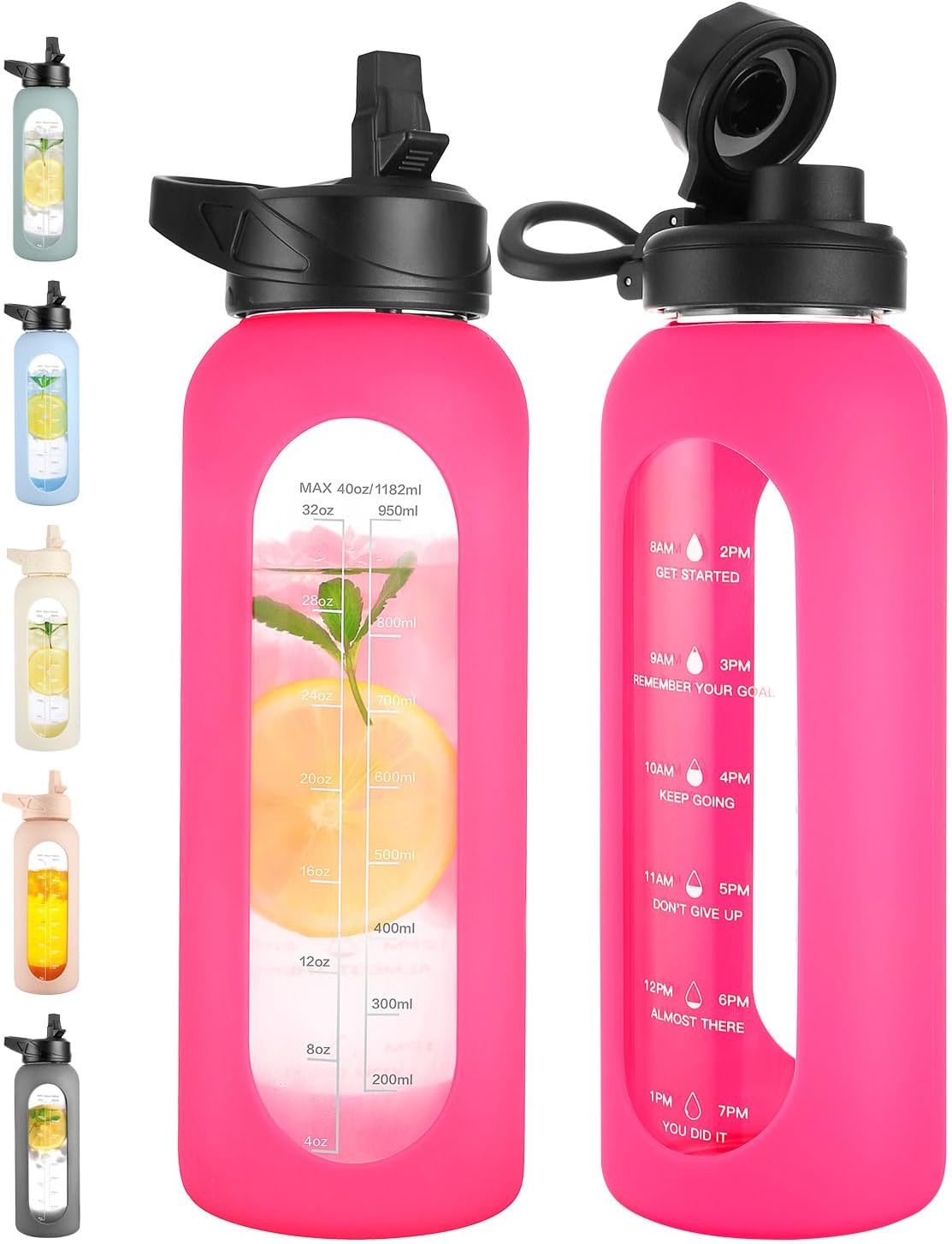 CIVAGO 40 oz Glass Water Bottle with Straw and Handle, Large Sports Motivational Water Bottle Flask with Time Marker and 2 Lids, Leakproof Water Jug Canteen with Silicone Sleeve for Gym,Camelia
