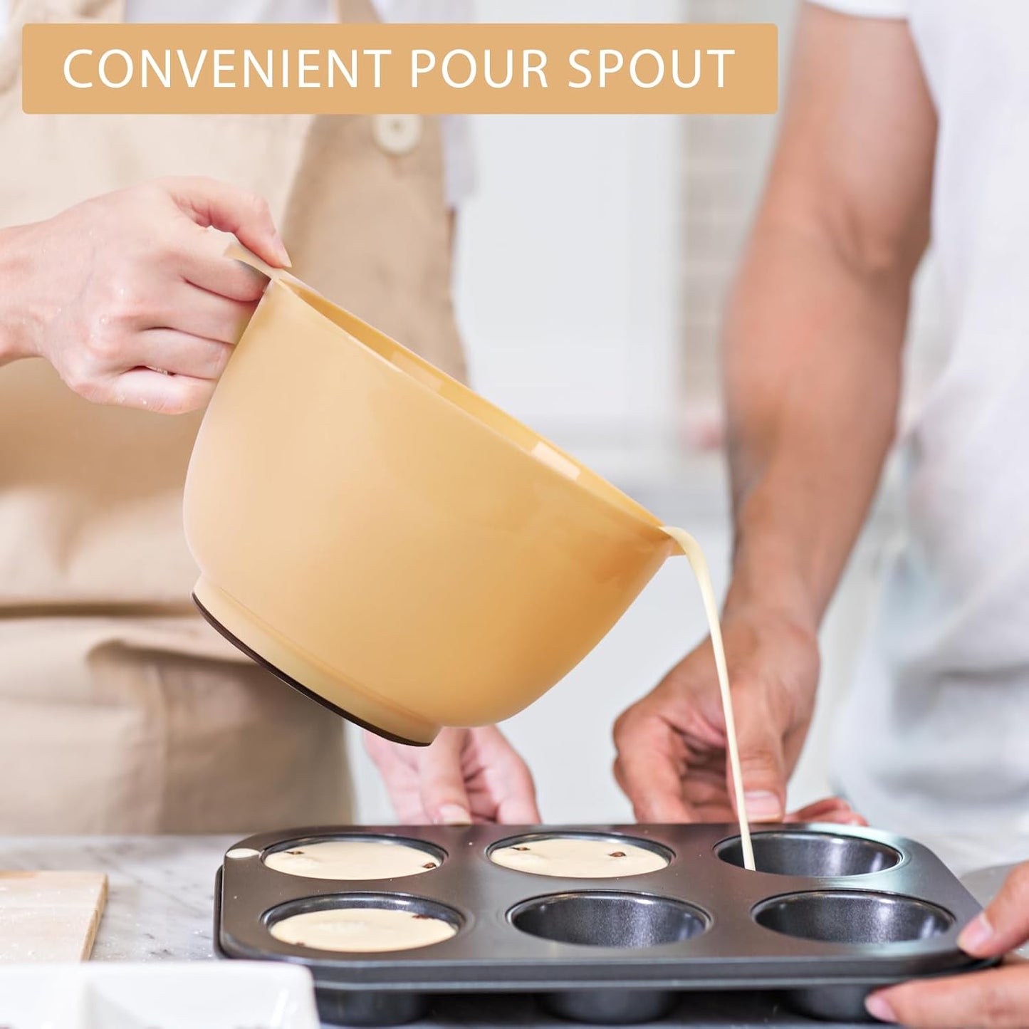 BoxedHome Nesting Plastic Mixing Bowl Set, 4 Piece Mixing Bowl Set with Pour Spouts, Size 1.7, 2.5, 3.5 and 4.5qt, for Prepping, Mixing, Baking, Cooking, Maize