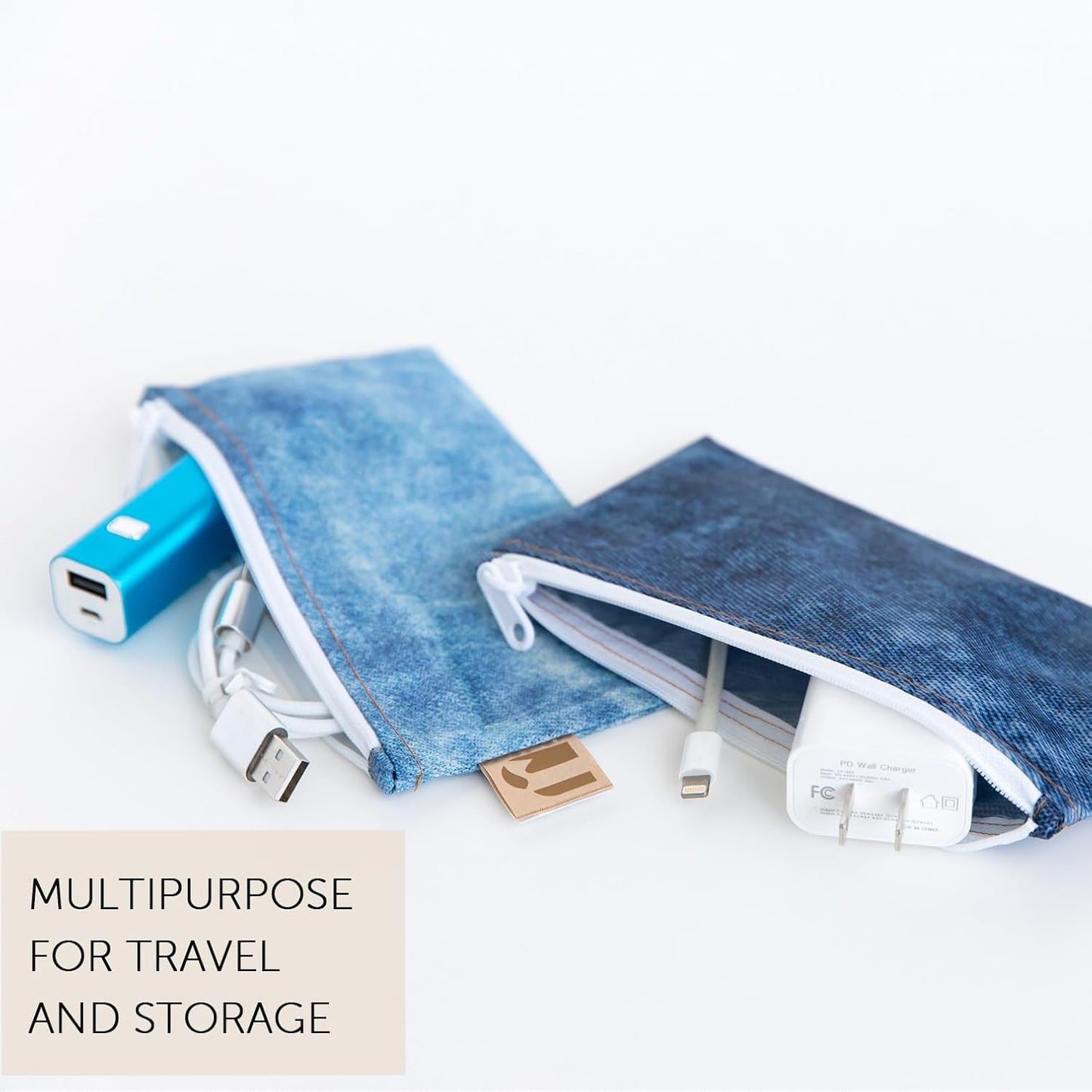 Roamio Reusable Sandwich and Snack Bags, for Kids School Lunch and for Adults Portion, Washable Fabric, Waterproof Cloth Zip Bag, Pack Travel Pouch, Food-Safe Storage, 4-pack Set Faux Denim On Denim