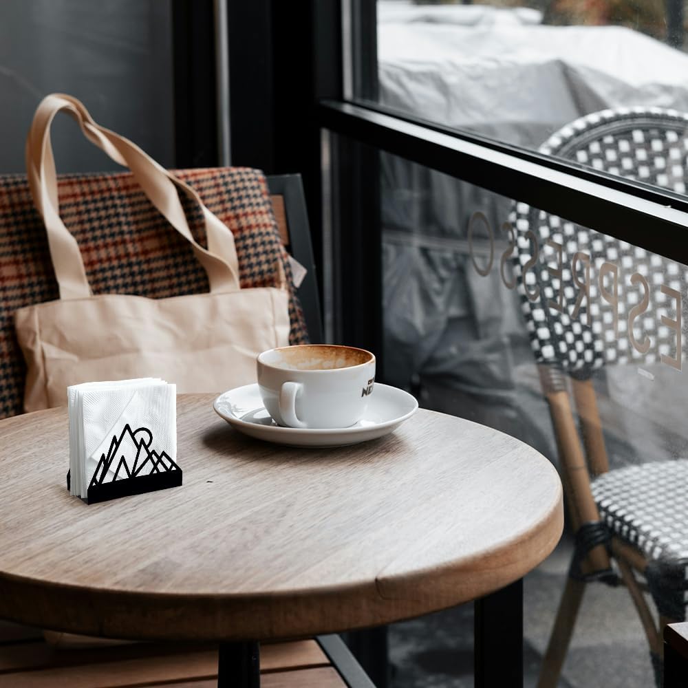 Geometric Mountains Decorative Black Metal Napkin Holder for Table, 4.9" x 4.9" x 1.9" Standing Napkin Holder for Home Kitchen Restaurant Picnic Party Coffee Bar Dining Room