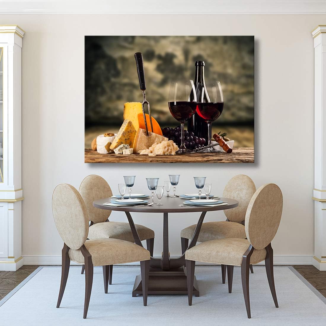 Looife Kitchen Still Life Canvas Wall Art, 24x18 Inch Gallery Wrapped Red Wine with Cheese Picture Prints Wall Decor, Food Art Deco for Dining Room and Bar Decoration
