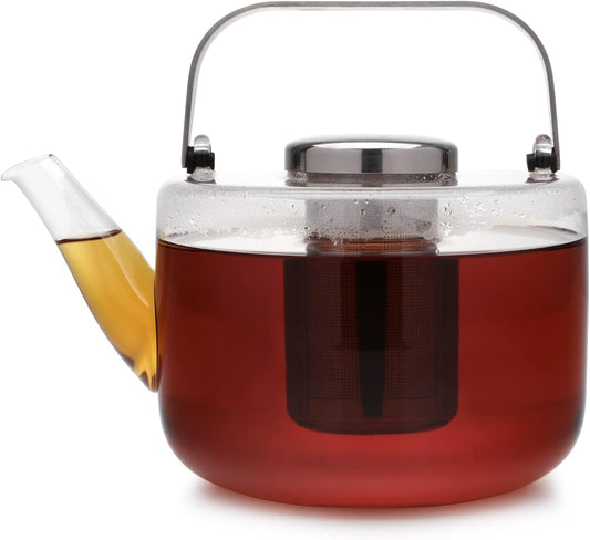 Viva Bjorn Borosilicate Glass Tea Pot for Stovetop with Loose Leaf Tea Infuser Mesh - 40 ounce/1.18 Liter - Modern Teapot Features Stainless Steel Handle and Vented Lid, Tea Maker for Blooming