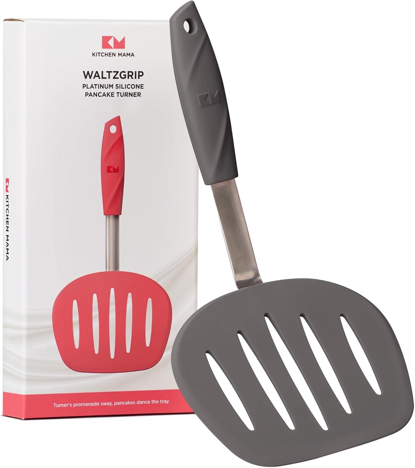 Kitchen Mama WaltzGrip Platinum Silicone Pancake Spatula Turner: Heat Resistant Flexible, Stainless Steel Core, Nonstick, Dishwasher Safe, Flipper – Ideal Kitchen Cookware Egg, Fish, Meat (Metal Gray)