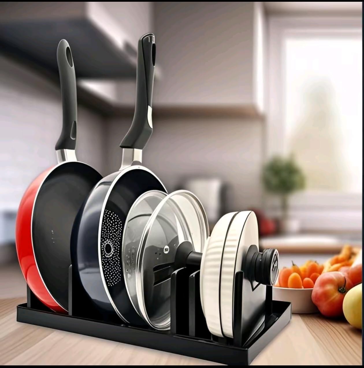 Bamboo Pot Lid Organizer for Cabinet & Kitchen Counter, Pan Lid Organizer Inside Cabinet, Pot Lid Holder, Sheet Pan Rack, Adjustable Pot Cover Holder Rack for Countertop, Under Cabinet Black