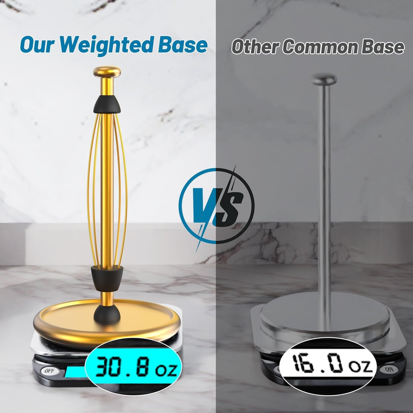 VEHHE Gold Paper Towel Holder Countertop with Weighted Base, One-Handed Tear Kitchen Towel Holder with Damping Function and EVA Non-Slip Pad for Bathroom