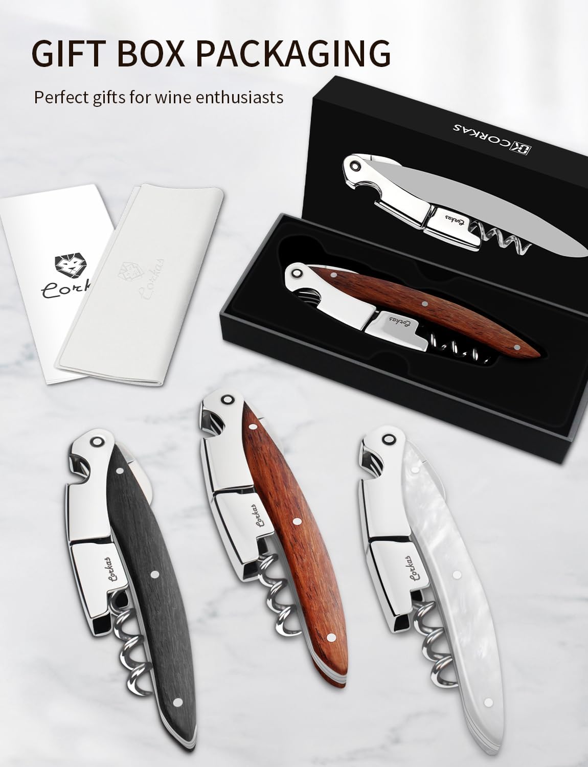 Wine Key - CORKAS Prestige Waiter Corkscrew with Rosewood Handle, Handcrafted Wine Opener Manual with Double Hinged, Foil Cutter and Bottle Opener, Ideal Gifts for Sommelier, Bartenders, Servers