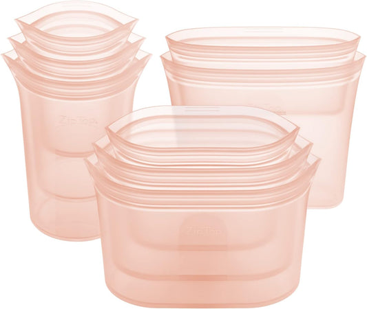 Zip Top Reusable Food Storage Bags | Full Set of 8 [Peach] | Silicone Meal Prep Container | Microwave, Dishwasher and Freezer Safe | Made in the USA