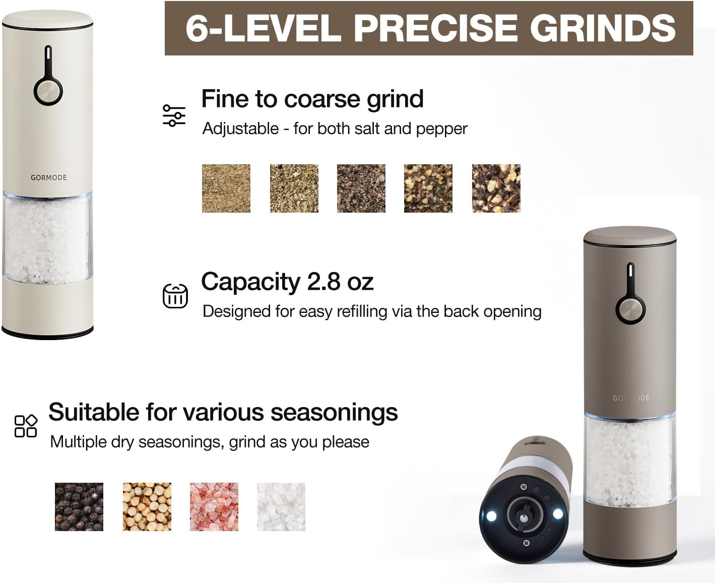 Stainless Steel Rechargeable Electric Salt and Pepper Grinder Set – USB Charging, One-Hand Electric Mill, Adjustable Coarseness, LED Light & Dust Cover – Brown + Cream