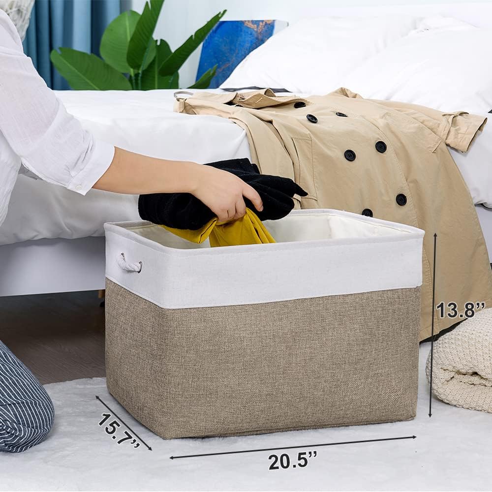 TheWarmHome Organization Basket - 20x16x14 inch Jumbo 3 Pack Collapsible Storage Bins for Shelves, Fabric Storage Cubes for Closet Organizer Gift Toy (White & Khaki)