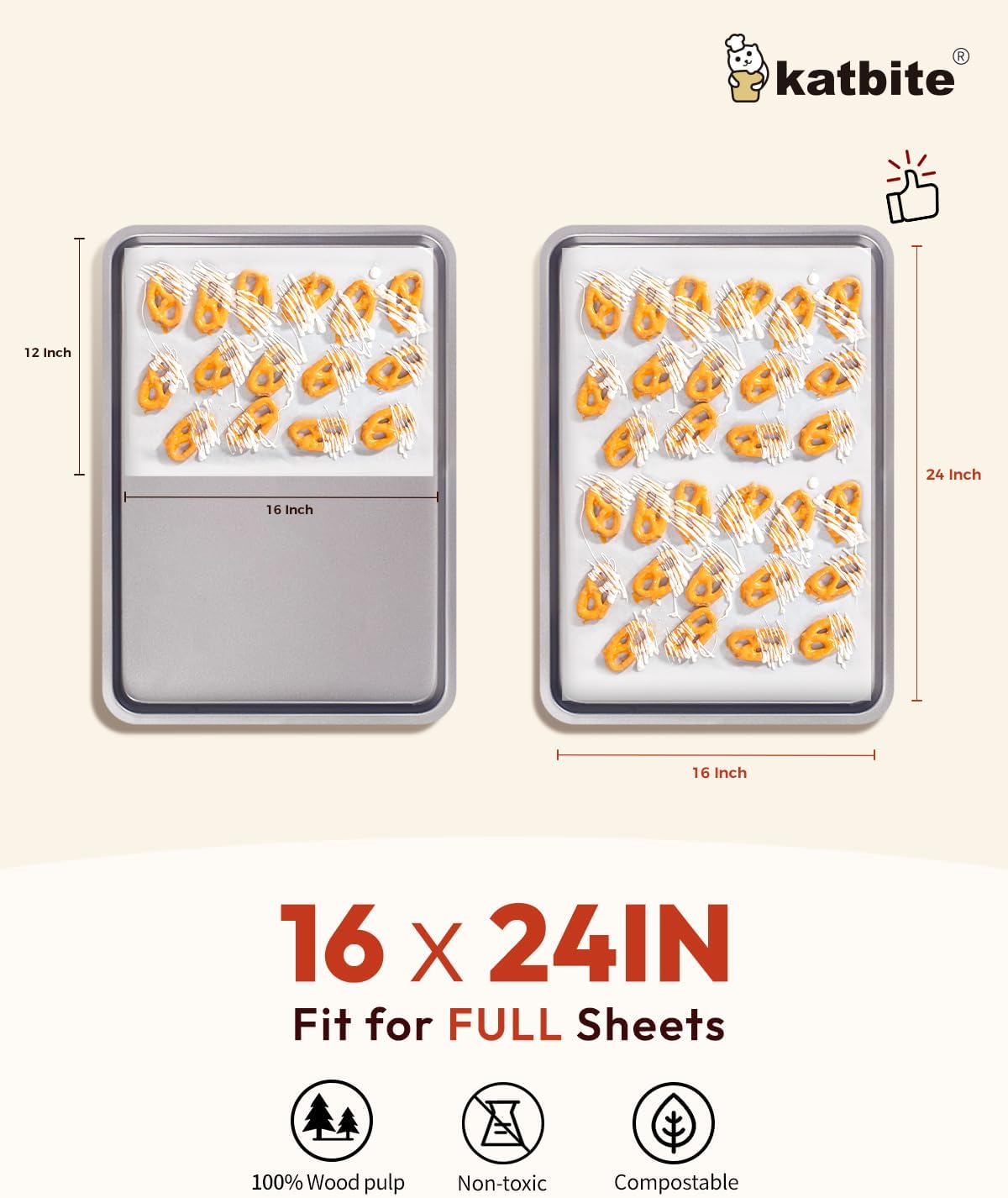 Katbite 16x24 inch Heavy Duty Parchment Paper Sheets, 100Pcs Precut Non-Stick Full Parchment Sheets for Baking, Cooking, Grilling, Frying and Steaming, Full Sheet Baking Pan Liners [Advanced Series]