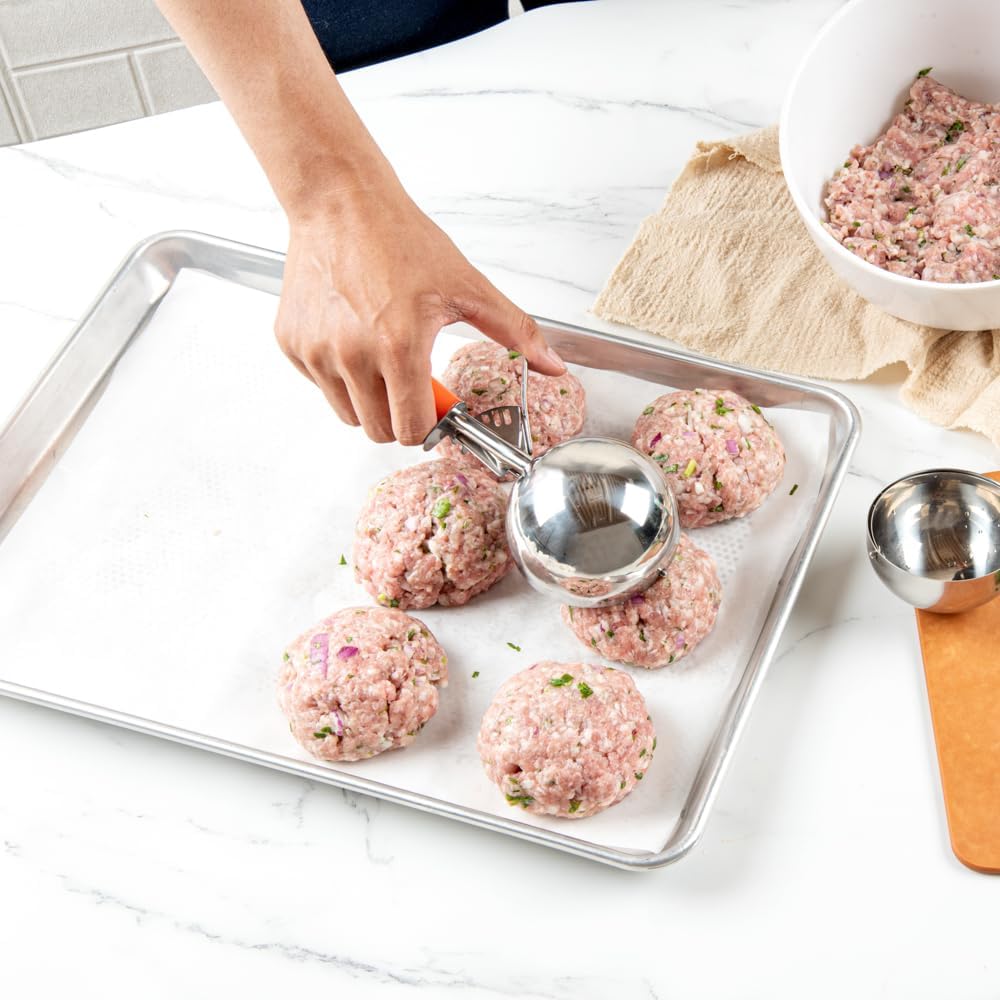 Restaurantware Met Lux 8 Ounce Portion Scoop 1 Durable Disher Scoop - Thumb Trigger Orange Stainless Steel Ice cream Disher For Portion Control For Ice Cream Mashed Potato And Cookie Batter