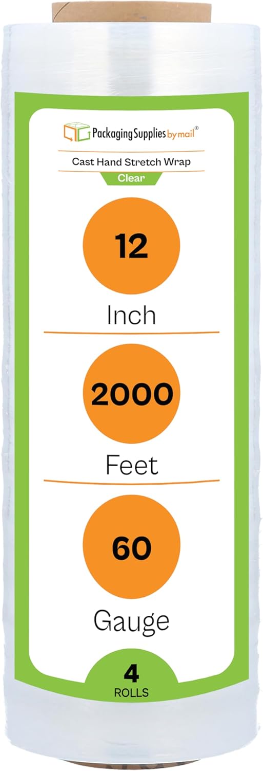 PSBM Stretch Wrap, 4 Pack, 12 Inch x 2000 Feet, 60 Gauge, Clear Plastic Cling, Cast Hand Stretch Film Rolls for Packaging Moving Packing Pallets