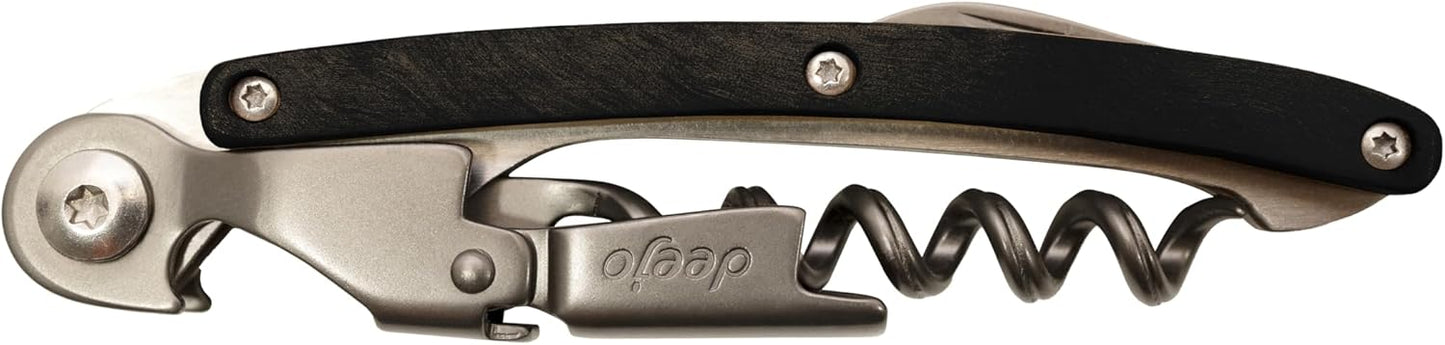 Waiters Wine Key with Corkscrew Quick Bottle Opener and Micro-Serrated Blade- Ebony Wood Handle.