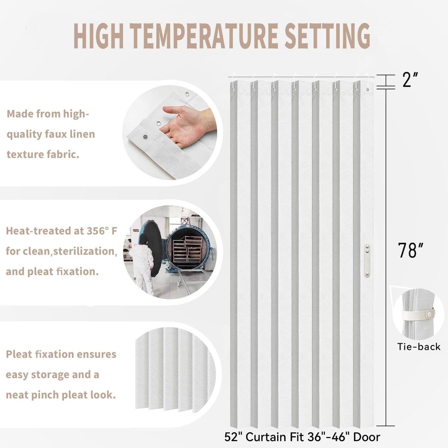 Vatge Door Curtains for Doorways, Accordion Style Curtain for Closet Doors, Temporary Doors for A Room Privacy, 1 Panel with Tieback, W52 x L78, Stone White