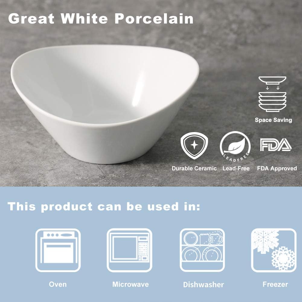 Porcelain Salad Bowls, 38 Ounce pasta bowls set of 4, 8 inch White serving bowls for cereal, soup, ramen, snacks, rice, Oven Dishwasher Safe