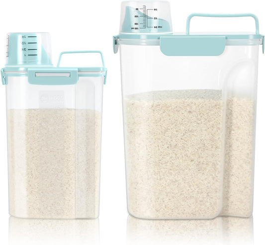 TBMax Rice Container 2 Pack, Airtight Cereal Container Oatmeal Storage with Easy-pouring Spout & Handy Cup for Flour Grain Beans, Pet Dog Cat Bird Food Storage Dispenser-Sky Blue