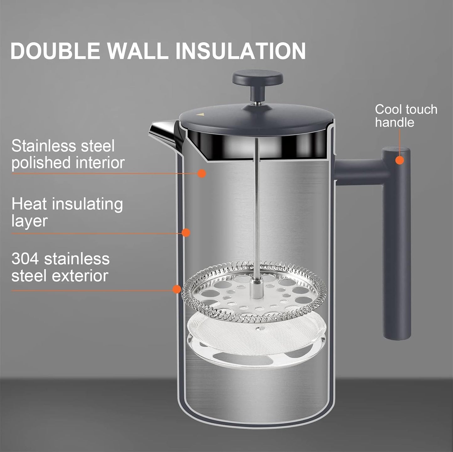 Secura French Press Coffee Maker, 304 Grade Stainless Steel Insulated Coffee Press with 2 Extra Screens, 34oz (1L), Grey