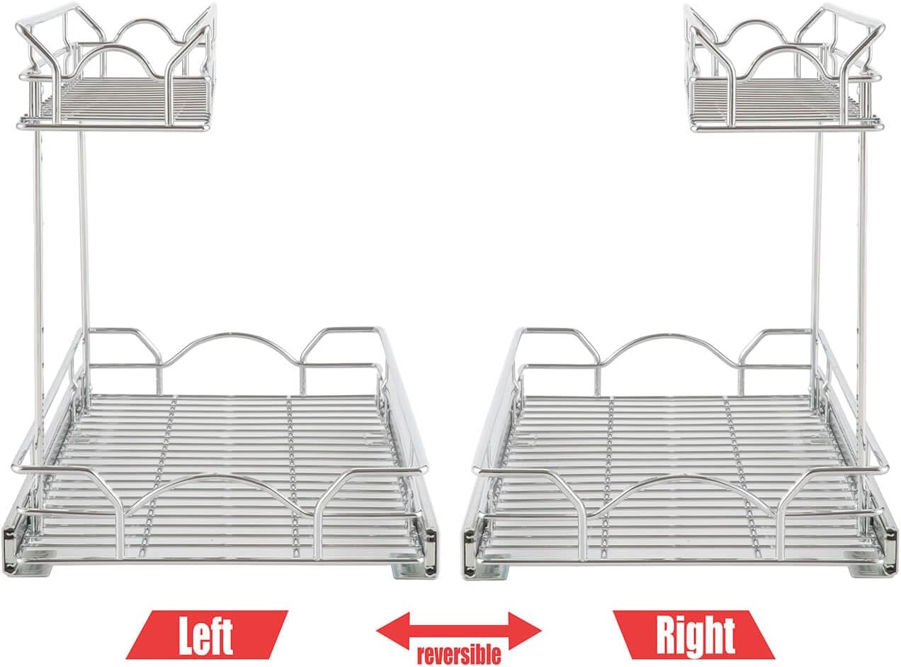 OCG Under Sink Cabinet Organizer Two Tier Pull Out Shelf (14.75W x 17D), Under Sink Sliding Shelf for Kitchen Bathroom Cabinet 2 Tier Chrome