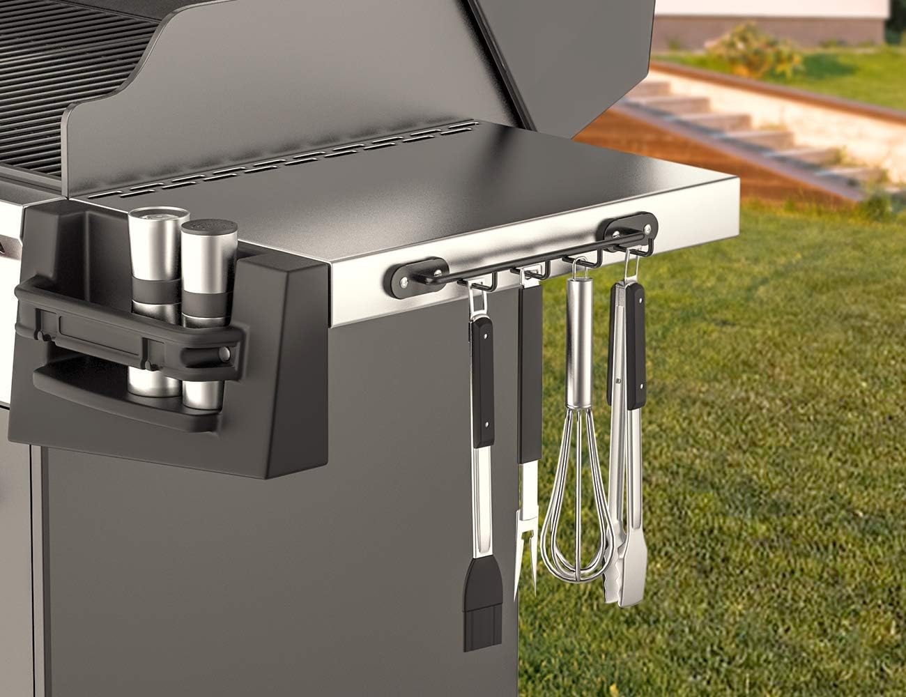 Skyflame Magnetic BBQ Tool Rack - Universal Metal Fridge Organizer Grill Cutlery Holder Towel Hanger - 4 Hooks Storage for Hanging Kitchen Utensils Smoker Tools & Other Accessories, 12" Long