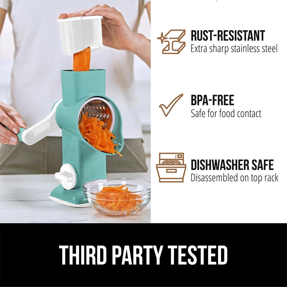 GORILLA GRIP BPA-Free Rotary Cheese Grater Hand Crank, Easy to Set Up, Strong Suction Base for Kitchen Countertop, Shred Potato, Vegetable, Nuts in Seconds, Round Mandoline Slicer, 3 Blades, Mint